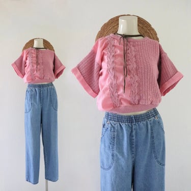 cropped knit tee - s - vintage 80s 90s crop t-shirt pink womens casual top shirt blouse short sleeve 