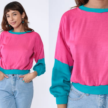 90s Color Block Sweatshirt Hot Pink Turquoise Blue Sweater Neon Ringer Sportswear Crewneck Pullover 1990s Vintage Athleisure Small xs s 