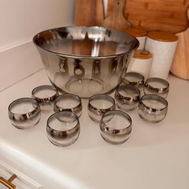 Vintage Dorothy Thorpe Mercury Glass Punch Bowl Set with Roly Poly Rocks Glasses 