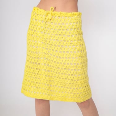 Yellow Crochet Skirt 70s Midi Hippie High Waisted Open Weave Knit Boho 1970s Bohemian Festival Vintage Drawstring Waist Small S 