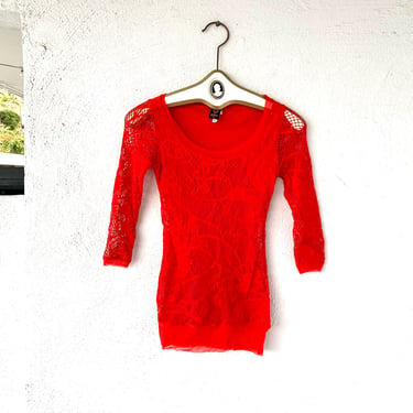 Vintage JPG Mesh Top Jean Paul Gaultier Lace Mesh Shirt // Bright Hot Red Fishnet Mesh Top 