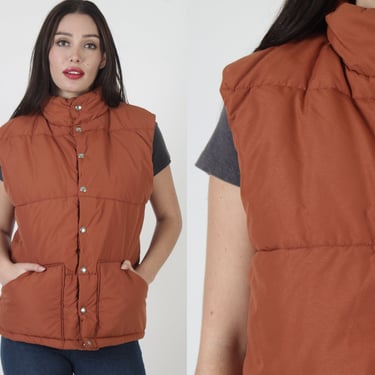 Vintage The North Face Puffer Vest, Mens Rust Orange Color, 70s Brown Label Snap Up Hiking Coat 