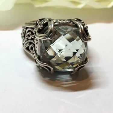 Stunning Solid Sterling Silver Ring With Regal Hand Cushion Cut Natural Green Amethyst Stone abt 5 Ct Statement Ring Gift for Her Signed 925 