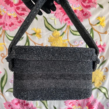 vintage 1940s black beaded box purse handbag w/ handle 