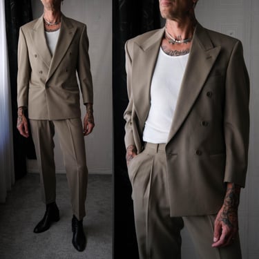 Vintage 80s PIERRE CARDIN Tan & Charcoal Wide Pinstripe Double Breasted Wool Gabardine Suit | Made in USA | 1980s Designer Tailored Suit 