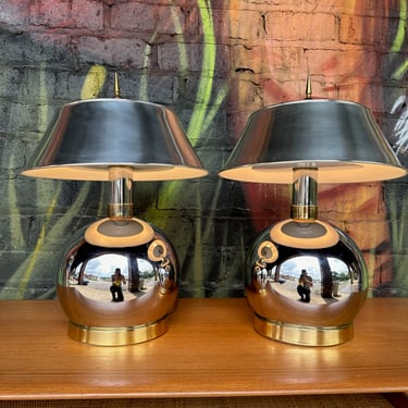 Pair of Karl Springer Chrome and Brass Metal Table Lamps