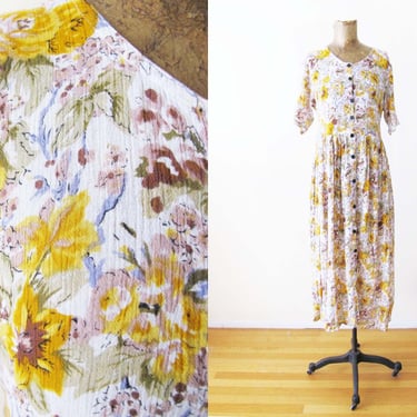 Vintage 90s Indian Rayon Floral Midi Dress S M - 1990s Grunge Mustard Yellow Green Earth Tone Button Front Flowy Sundress 