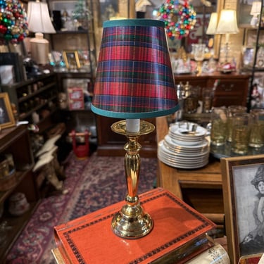 Small Brass Candlestick Lamp with plaid shade