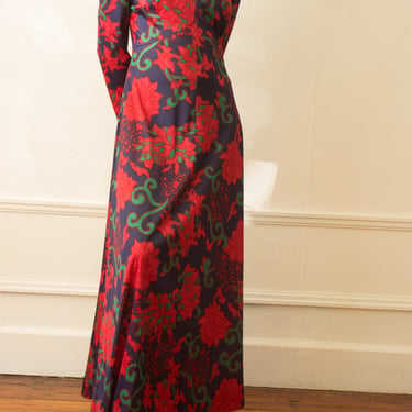 1970s Tricolore Floral Paisley Satin Gown 