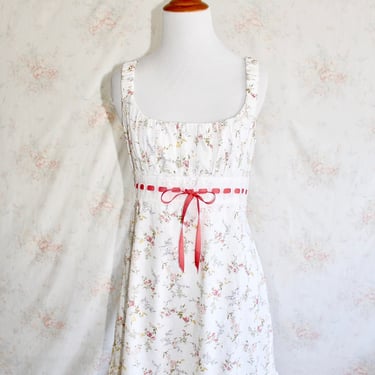 Vintage 90s Y2K Cottagecore Dress, Floral Sundress, Romantic, Babydoll Mini Dress, Ruffles, Bow 