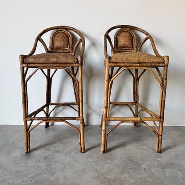 Pair of Vintage Coastal Bamboo and Rattan Bar Stools 