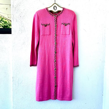 Vintage 80s 90s Pink Sweater Dress 1980s 1990s Button Up Knit Dress 