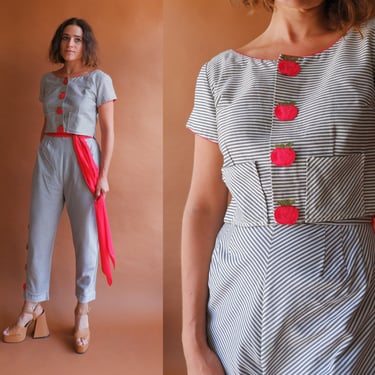 Vintage 50s Apple Picking Two Piece Set/ 1950s Striped Pants and Cropped Blouse/ Matching Set/ Size Small 