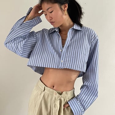 90s cropped cotton shirt / vintage ice blue pinstripe cotton oversized cropped mens boyfriend button down shirt | Extra Large 