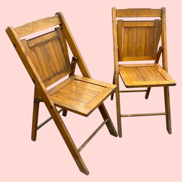 Vintage Wood Folding Chairs Retro 1960s Mid Century Modern + Brown + Slatted Seat + Backrest + Set of 2 + Fold Up + Extra Seating/Furniture 