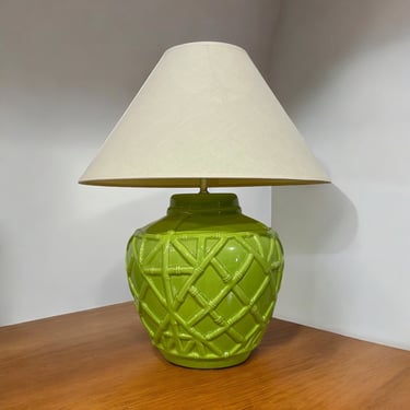 Vintage 1960s Key Lime Faux Bamboo Ceramic Lamp 