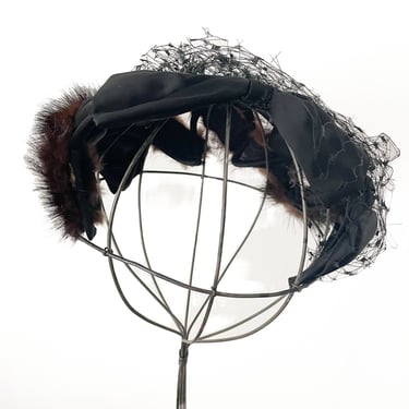 Vintage 1950’s mink trim wired topper | black satin bows, damaged net, gothic Halloween costume 