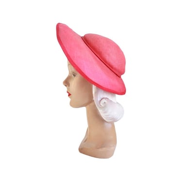 1940s Lipstick Pink Straw Platter Sun Hat - 1940s Pink Sun Hat - 1940s Pink Platter Hat - 1940s Straw Cartwheel Hat - 1940s Pink Hat 