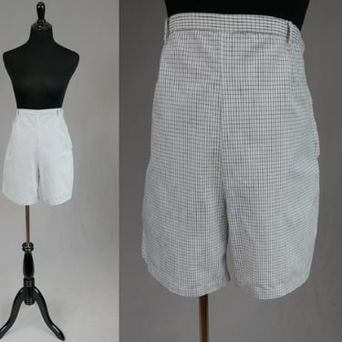 60s Windowpane Check Shorts - White Cotton w/ Black Stripes - High Waisted - Side Metal Zipper - Miss Holly - Vintage 1960s - 30