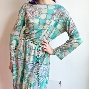 60’s Emilio Pucci Lord and Taylor Silk Butterfly Checkered Print 3 / 4 Sleeve Psychedelic Dress