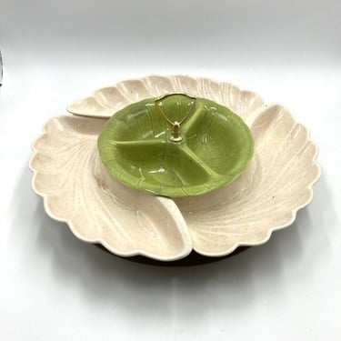 IOB Lane & Co. Serving Dishes with Lazy Susan, Never Used, 1960, Van Nuys Calif. USA, No. 3000, Mid Century, Green, Cream White Dish, MINT! 