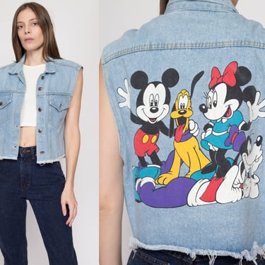 Medium 90s Mickey & Friends Denim Vest | Retro Vintage Disney Cartoon Jean Cut Off Sleeveless Top 