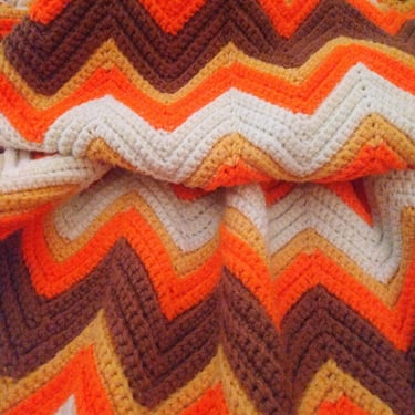 MCM Chevron Hand Crocheted Afghan Throw, 1970's Hippie Style Afghan 