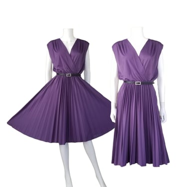 Vintage Pleated Party Dress, Large / 1970s Royal Purple Disco Dress / Sleeveless 70s Midi Dress / Flared Cocktail Dress & Matching Top 