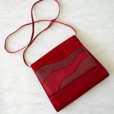 Vintage Leather & Suede Red Wave Shoulder Bag