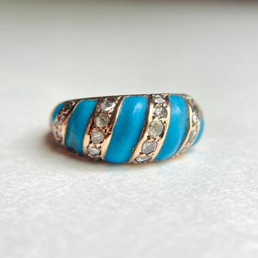 Antique Victorian ~14K Gold Diamond & Turquoise Enamel Band Ring, sz ~7.25 7.2g 