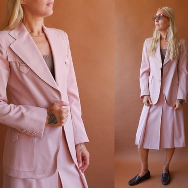 Vintage 70s Ted Lapidus Pink Suit/ 1970s Blazer and Pleated Skirt Matching Set/ Spring Suit/ Size Small 