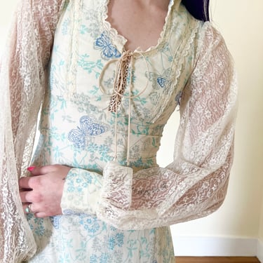 70’s Blue Butterfly Print Gunne Sax Jessica McClintock Lace Up Corset Maxi Prairie Dress Lace Poet Sleeve