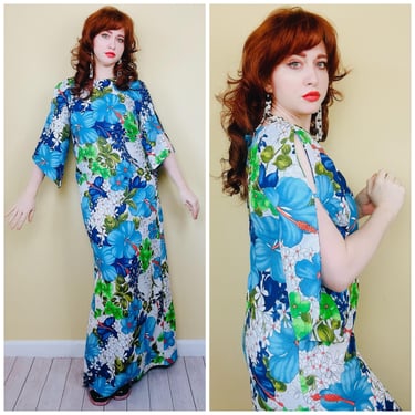 1970s Vintage Pomare Blue Hawaiian Maxi Dress / 70s Poly Silk Lattice Cut Out Sleeve Floral Gown / Size Medium 