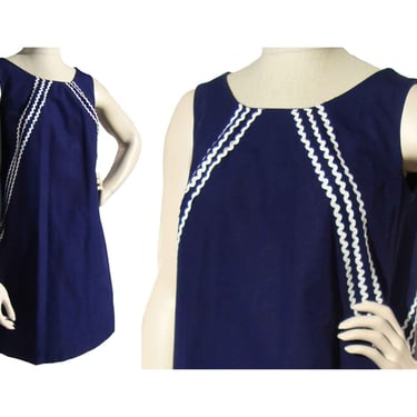 Vintage 60s Dress Mod Navy Blue Trapeze Shift by Brenda Ring - M / L 
