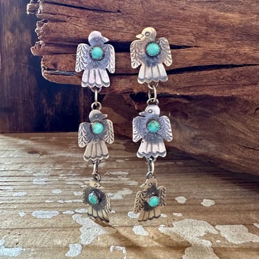 TRIPLE THUNDERBIRD Yazzie Sterling Silver and Turquoise Earrings | Fred Harvey Era Style Bird Dangle Earrings | Navajo Native American 