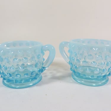 Vintage Fenton Hobnail Turquoise Blue Glass Cream & Sugar Set 