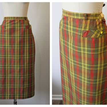 Vintage 1950s Red Gold Plaid Cotton front pocket Pencil Skirt Rockabilly pinup girl // Modern Size S US 8 10 