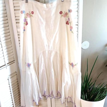 Vintage J Jill  Ivory Linen Skirt w/Beautiful Pastel Appliques / Scallop Hem / Tag On / Sz 12 