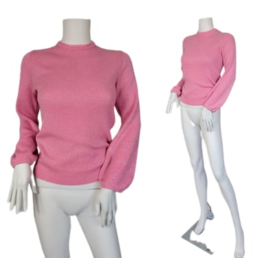 Albee 1970's Pink Lurex Acrylic Balloon Sleeve Pull Over Sweater I Sz Med I Top I Knit Top I Shirt 
