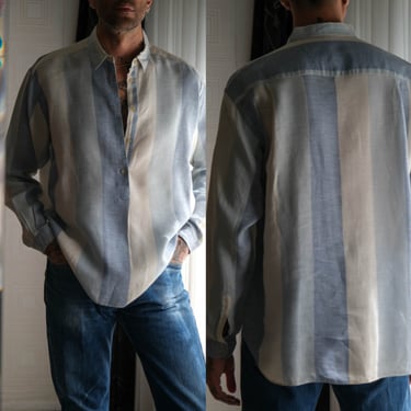 Vintage 80s Giorgio Armani Le Collezioni Linen Chambray Stripe Pullover Dress Shirt | Made in Italy | 100% Linen | 1980s Designer Mens Shirt 