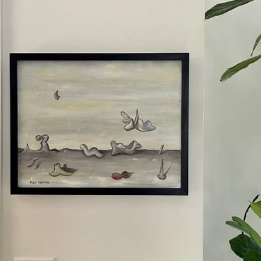 Yves Tanguy Oil Painting | Framed Vintage Oil Painting | Abstract Painting | Grey  Neutral | Beach Sand Landscape Form Abstract Modern Art 