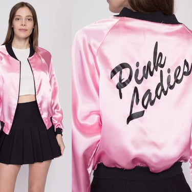 Medium 90s Pink Ladies Satin Bomber Jacket | Vintage Girly Greaser Costume Varsity Windbreaker 