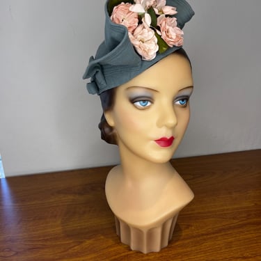 Stand to Attention! - Vintage 1930s Air Force Blue Textured Rayon Caplet Floral Hat 