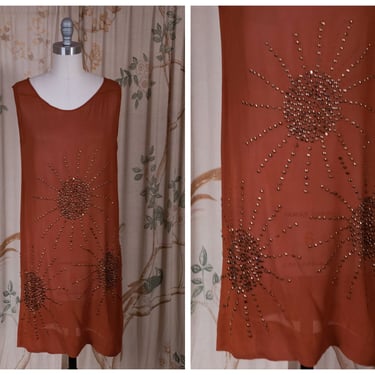 1920s Dress - Autumn Sunburst Vintage 20s Silk Dress in Rust with Heavy Faceted Brass Beads 