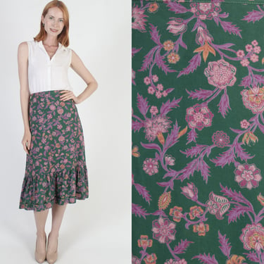 Nicole Miller For PJ Walsh Skirt, Vintage 70s Designer Floral Midi, High Waist Tiered All Over Floral Print 