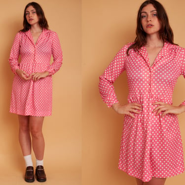 Vintage 60s Montgomery Ward Candy Pink Polka Dot Baby Doll Button Up Mini Dress 