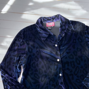 blue velvet shirt | 90s y2k vintage navy purple leopard print iridescent club kid style vintage blouse 