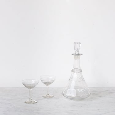 Cut Crystal Carafe with Pair of Vintage Cocktail Glasses