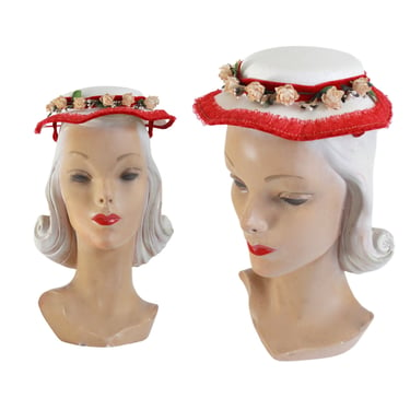 1950s Petite Red & White Saucer Hat - 1950s Red and White Hat - 1950s Saucer Hat - 1950s Petite Platter Hat - 1950s Womens Red Hat 