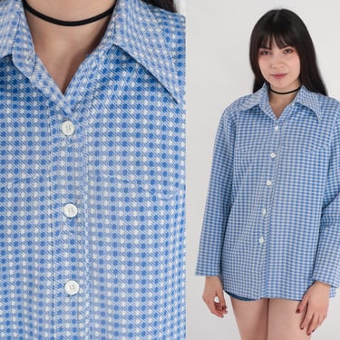 70s Western Shirt Blue Checkered Button up Blouse Long Sleeve Collared Top Rodeo Cowgirl Seventies Westernwear Vintage 1970s Medium Large 